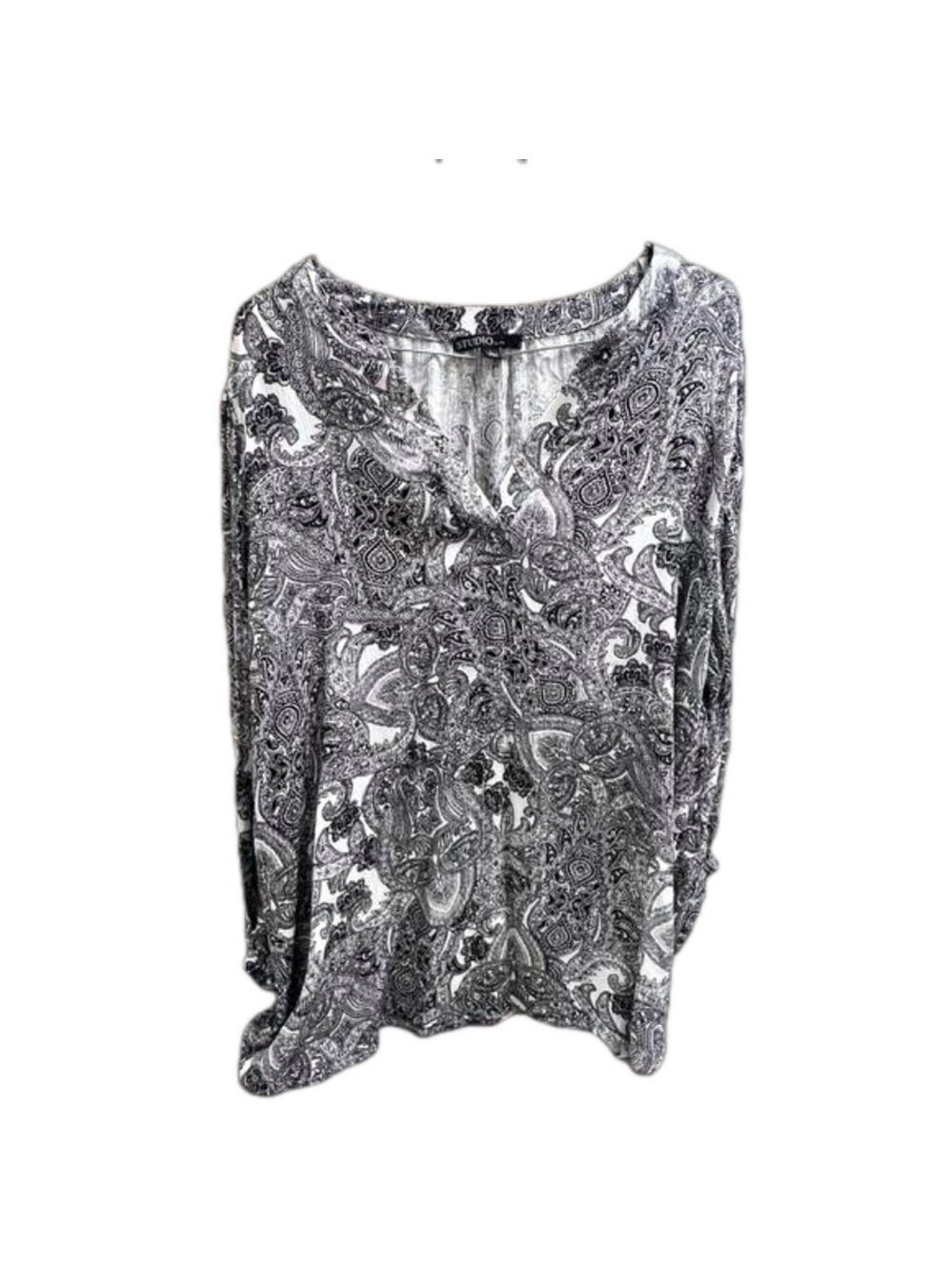 Studio Floral Paisley Long Sleeve Blouse Shirt Size L Black White Women